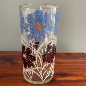 Vintage Blue White Brown Wild Daisy Juice Glass 4.5" Tall 8 oz. Floral